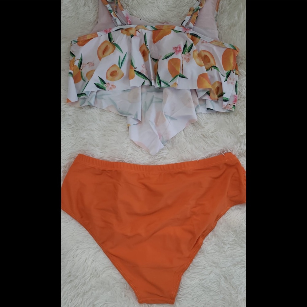 Plus size 2pcs set women biki the very high quality swimming printed ruffle peac - Picture 5 of 8